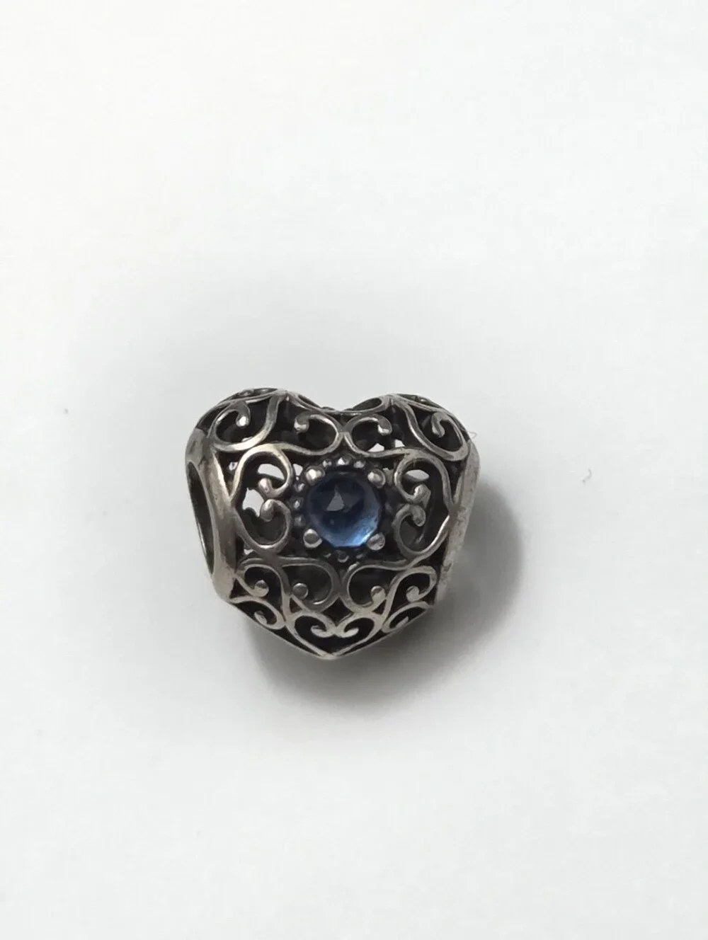 Pandora Sterling Silver December Signature Heart Blue CZ Stone Bead Charm